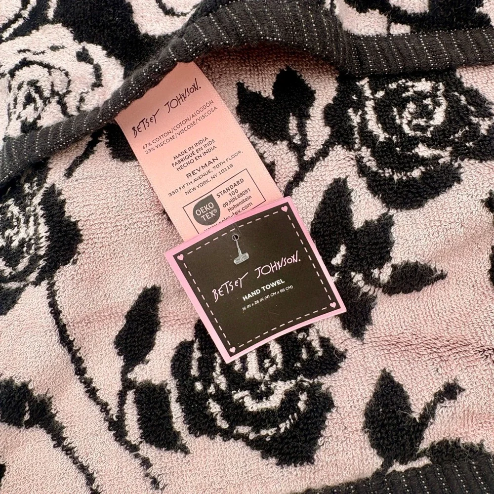 Betsey Johnson Set of 2 Hand Towels Black Pink Rose Floral Cotton Blend New